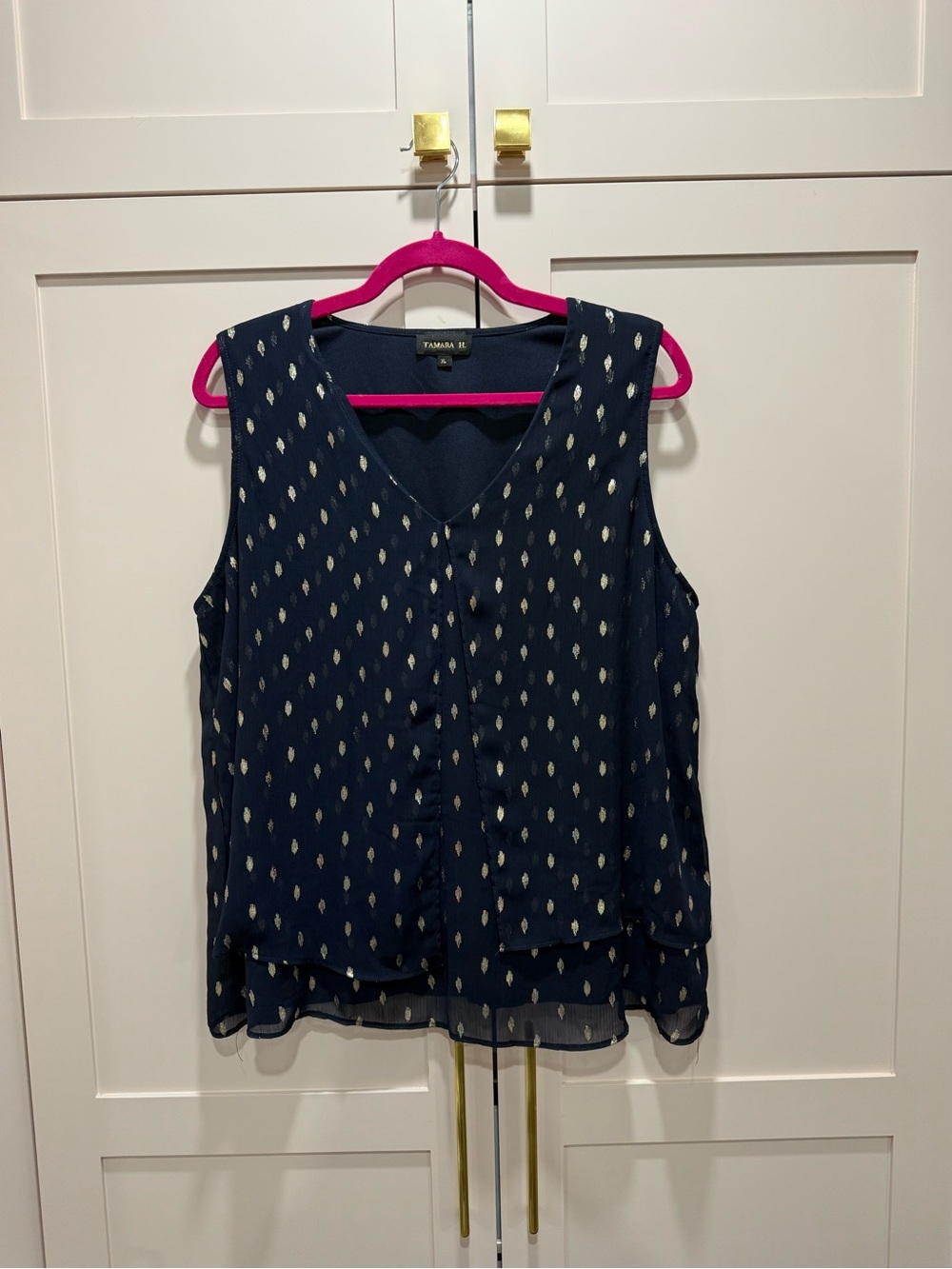 Tahari Navy Sleeveless V-Neck Layered Camisole with Cream Dot Print